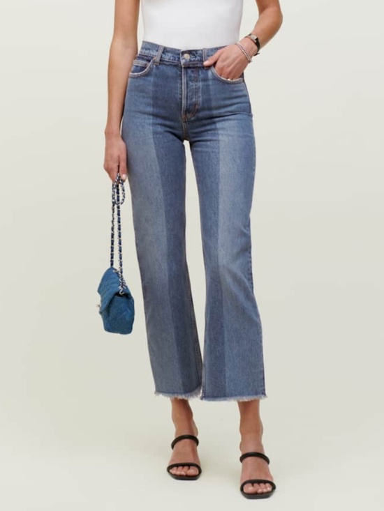 Reformation Denim - Reformation Two-Tone Reconstructed High Rise Distressed Straight Jeans Sz 30